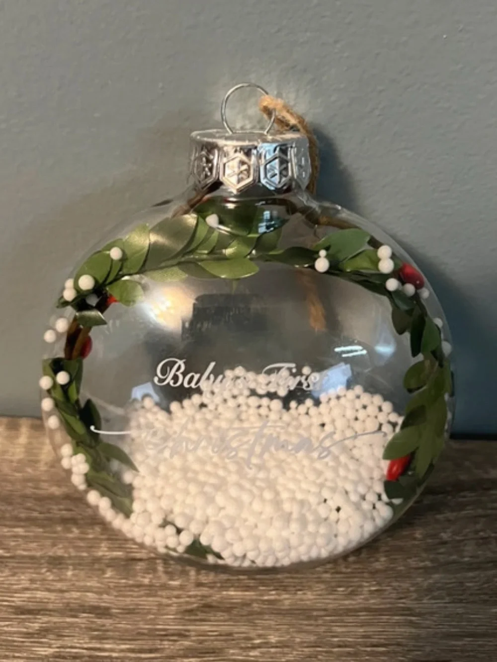 Baby's First Christmas Clear Glass Ornament with Green Wreath
